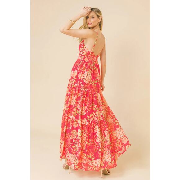 NWT Flying Tomato Women Evolving Love Floral V-Neck Tiered Maxi‎ Dress Sz M Pink - Picture 1 of 9